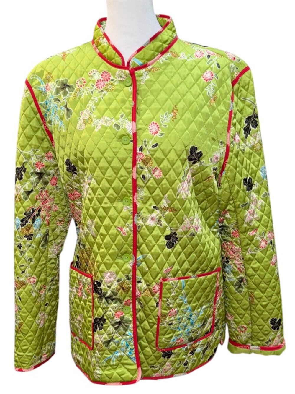 Anne Carson Lime Green Floral Quilted Asian Jacket Silk XL Y2K Vintage